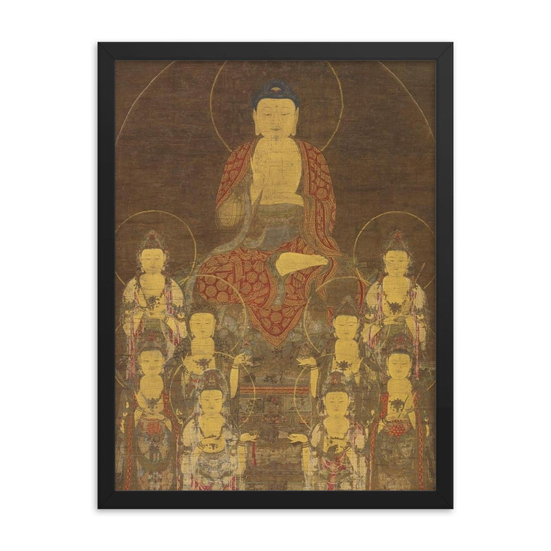 Buddha Amitabha - Amita - and the Eight Great Bodhisattvas framed print on a plain backdrop in size 18