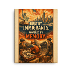 Built by immigrants Powered by memory canvas print on a plain backdrop in size 16"x20".