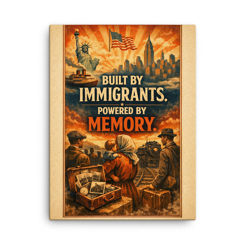 Built by immigrants Powered by memory canvas print on a plain backdrop in size 18