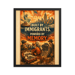 Built by immigrants Powered by memory framed print on a plain backdrop in size 16"x20".