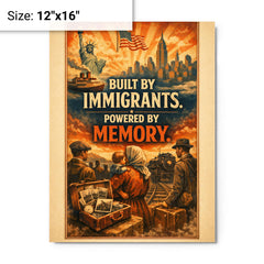 Built by immigrants Powered by memory metal print on a plain backdrop in size 12"x16".
