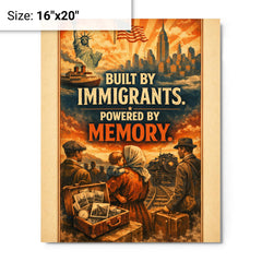 Built by immigrants Powered by memory metal print on a plain backdrop in size 16"x20".