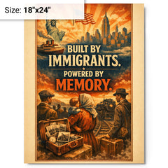 Built by immigrants Powered by memory metal print on a plain backdrop in size 18"x24".