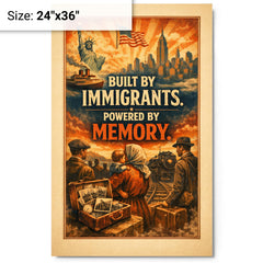 Built by immigrants Powered by memory metal print on a plain backdrop in size 24"x36".