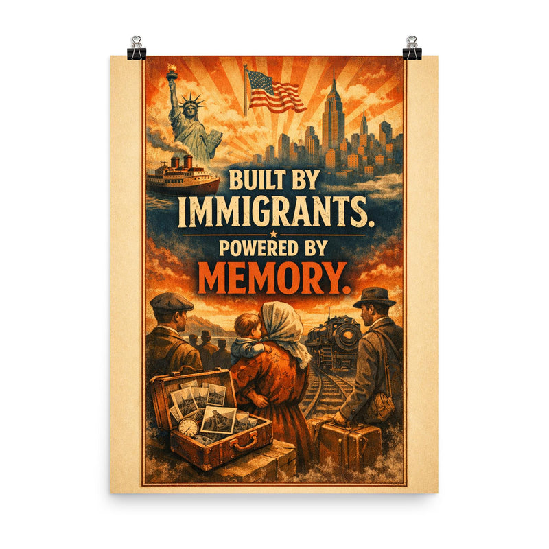 Built by immigrants Powered by memory poster on a plain backdrop in size 8
