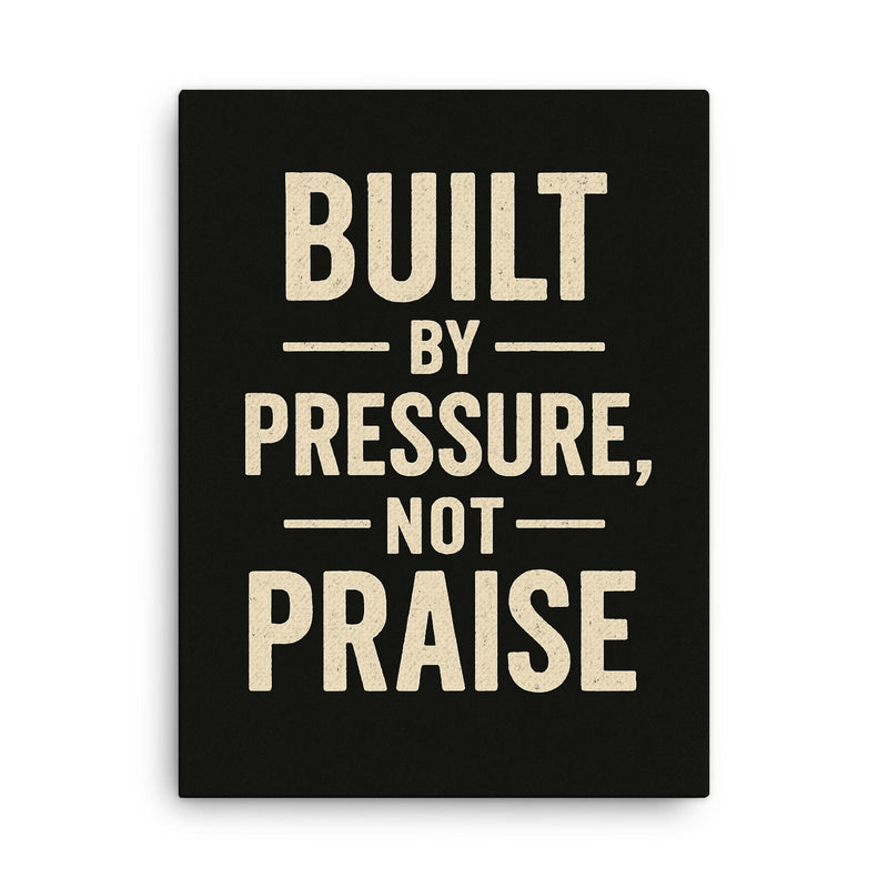Built by pressure not praise canvas print on a plain backdrop in size 18