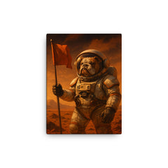 Bulldog astronaut planting a flag on Mars canvas print on a plain backdrop in size 12"x16".