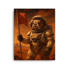 Bulldog astronaut planting a flag on Mars canvas print on a plain backdrop in size 16"x20".