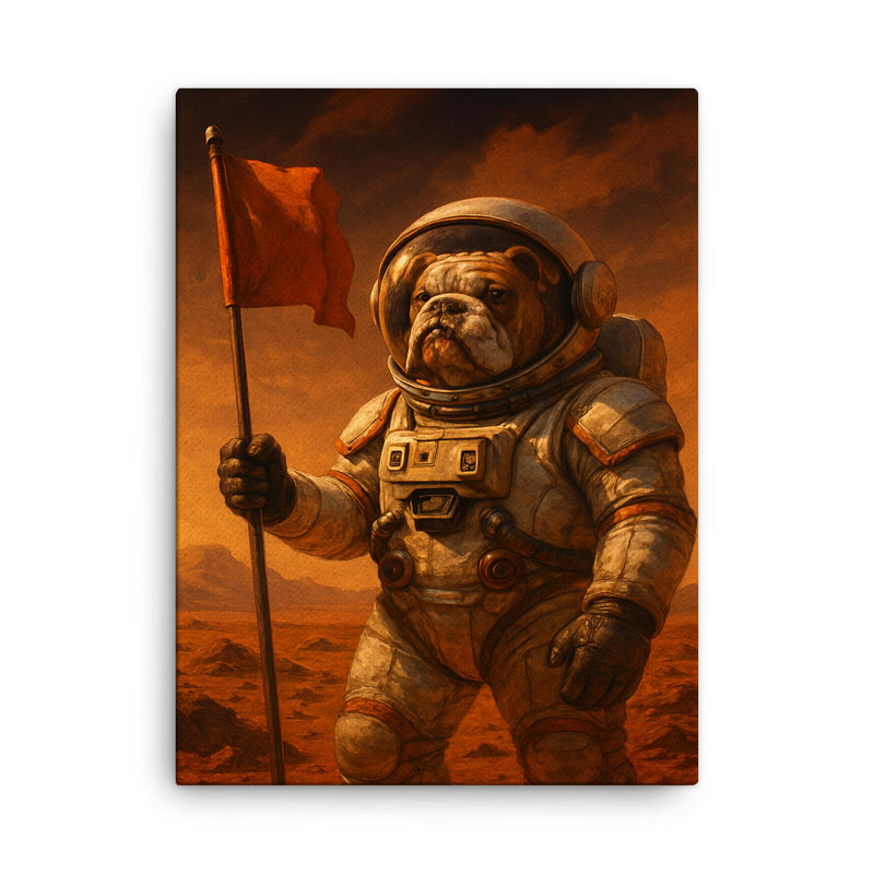 Bulldog astronaut planting a flag on Mars canvas print on a plain backdrop in size 18