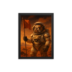 Bulldog astronaut planting a flag on Mars framed print on a plain backdrop in size 12"x16".