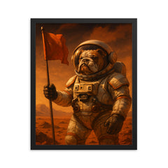 Bulldog astronaut planting a flag on Mars framed print on a plain backdrop in size 16"x20".