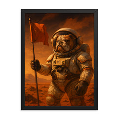 Bulldog astronaut planting a flag on Mars framed print on a plain backdrop in size 18"x24".