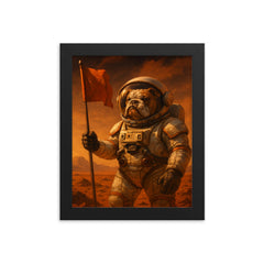 Bulldog astronaut planting a flag on Mars framed print on a plain backdrop in size 8"x10".