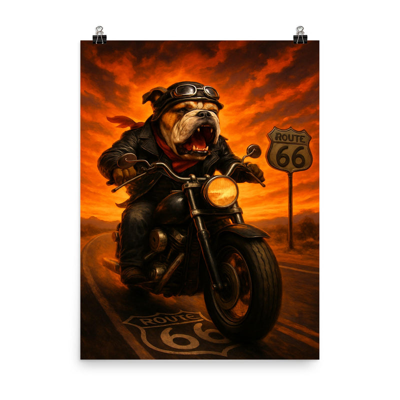 Bulldog biker roaring down Route 66 against a fiery sunset poster on a plain backdrop in size 8
