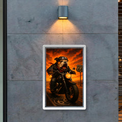 Bulldog biker roaring down Route 66 against a fiery sunset poster 2