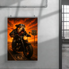 Bulldog biker roaring down Route 66 against a fiery sunset poster 4