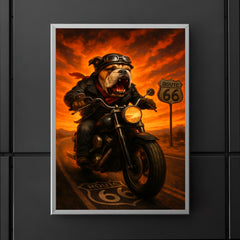 Bulldog biker roaring down Route 66 against a fiery sunset poster 5