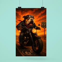 Bulldog biker roaring down Route 66 against a fiery sunset poster 6