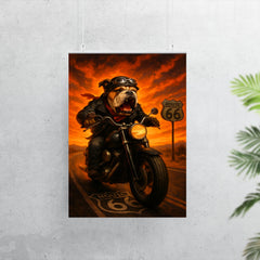 Bulldog biker roaring down Route 66 against a fiery sunset poster 7
