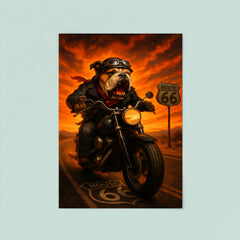 Bulldog biker roaring down Route 66 against a fiery sunset poster 8