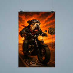 Bulldog biker roaring down Route 66 against a fiery sunset poster 9