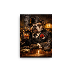 Bulldog crime boss in pinstripe and whisky canvas print on a plain backdrop in size 12"x16".