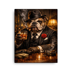 Bulldog crime boss in pinstripe and whisky canvas print on a plain backdrop in size 16"x20".