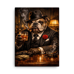 Bulldog crime boss in pinstripe and whisky canvas print on a plain backdrop in size 18"x24".