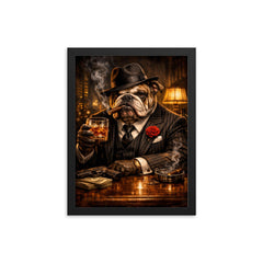 Bulldog crime boss in pinstripe and whisky framed print on a plain backdrop in size 12"x16".