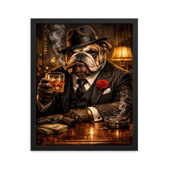 Bulldog crime boss in pinstripe and whisky framed print on a plain backdrop in size 16"x20".