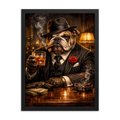 Bulldog crime boss in pinstripe and whisky framed print on a plain backdrop in size 18"x24".