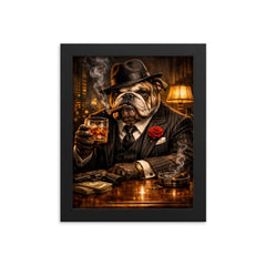 Bulldog crime boss in pinstripe and whisky framed print on a plain backdrop in size 8"x10".