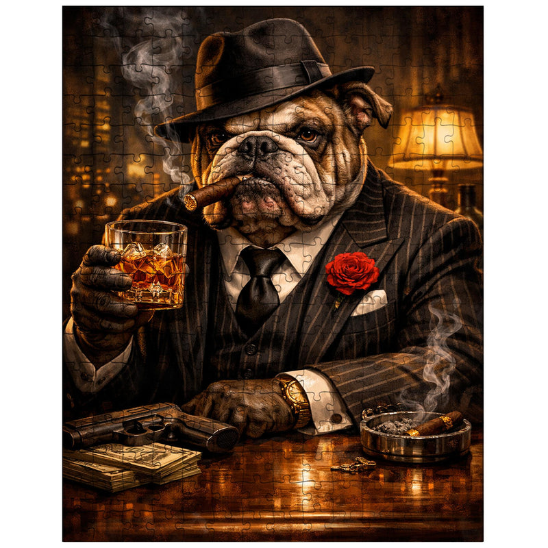 Bulldog crime boss in pinstripe and whisky jigsaw puzzle