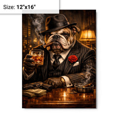 Bulldog crime boss in pinstripe and whisky metal print on a plain backdrop in size 12"x16".