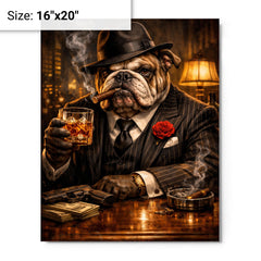 Bulldog crime boss in pinstripe and whisky metal print on a plain backdrop in size 16"x20".