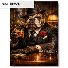 Bulldog crime boss in pinstripe and whisky metal print on a plain backdrop in size 18"x24".