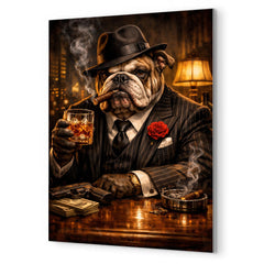 Bulldog crime boss in pinstripe and whisky metal print mockup