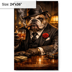 Bulldog crime boss in pinstripe and whisky metal print on a plain backdrop in size 24"x36".