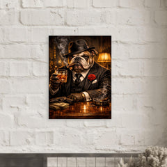 Bulldog crime boss in pinstripe and whisky metal print mockup