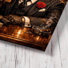 Bulldog crime boss in pinstripe and whisky metal print mockup