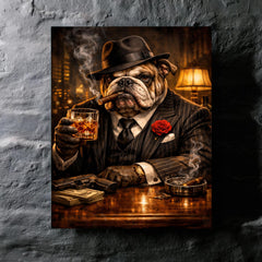 Bulldog crime boss in pinstripe and whisky metal print mockup