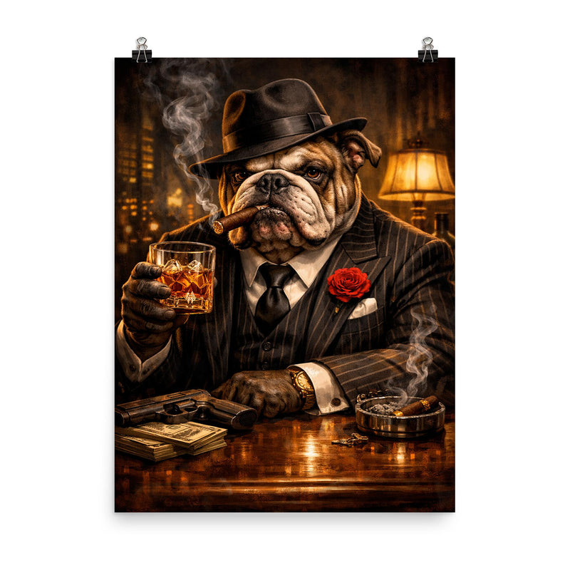 Bulldog crime boss in pinstripe and whisky poster on a plain backdrop in size 8