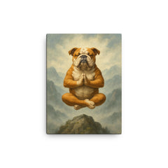 Bulldog yoga guru levitating serenely on a misty mountain peak canvas print on a plain backdrop in size 12"x16".
