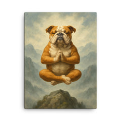 Bulldog yoga guru levitating serenely on a misty mountain peak canvas print on a plain backdrop in size 18"x24".