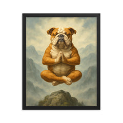 Bulldog yoga guru levitating serenely on a misty mountain peak framed print on a plain backdrop in size 16"x20".