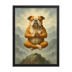 Bulldog yoga guru levitating serenely on a misty mountain peak framed print on a plain backdrop in size 18"x24".