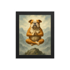 Bulldog yoga guru levitating serenely on a misty mountain peak framed print on a plain backdrop in size 8"x10".