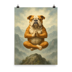 Bulldog yoga guru levitating serenely on a misty mountain peak poster on a plain backdrop in size 8"x10".