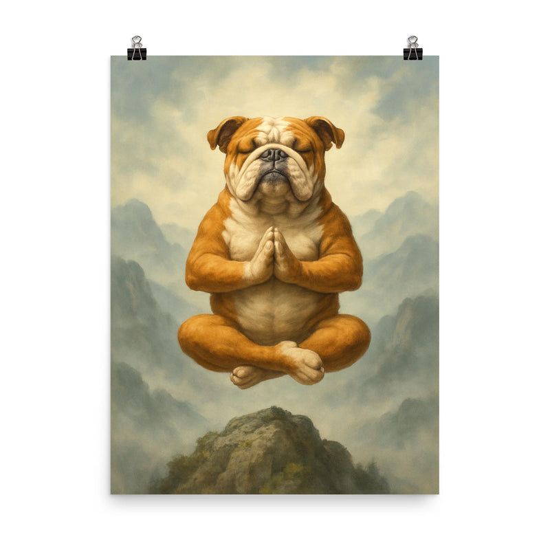 Bulldog yoga guru levitating serenely on a misty mountain peak poster on a plain backdrop in size 8