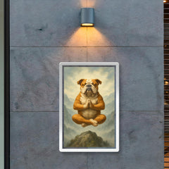 Bulldog yoga guru levitating serenely on a misty mountain peak poster 2